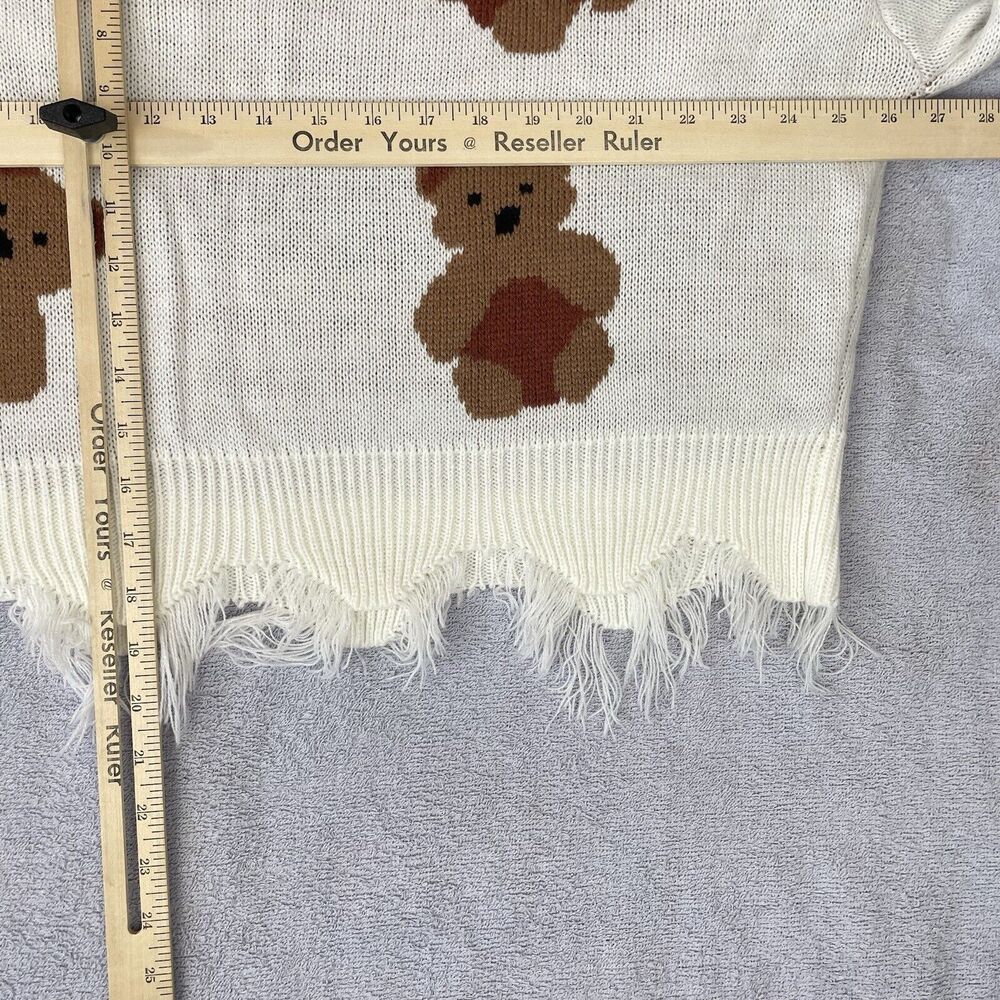 Just Polly NY Teddy Bear Sweater Women's Medium V-Neck Fray Frilly Knit - Picture 7 of 14